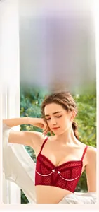Detail of red polka dot lace bra featuring soft underwire support and breathable mesh fabric