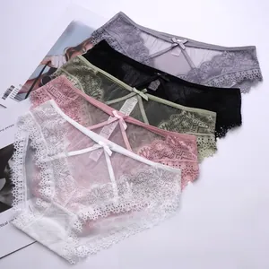 Close-up of elegant lace panties in five colors with mesh details and bow accents