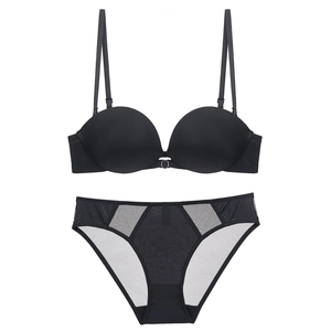 French seamless black lingerie set featuring push-up front closure bra and mesh panty