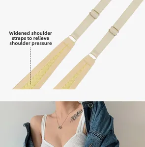 Detail of adjustable wide shoulder straps on white lingerie set for pressure relief