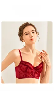 Close-up of deep red French lace bra featuring polka dot flocking and delicate ruffles