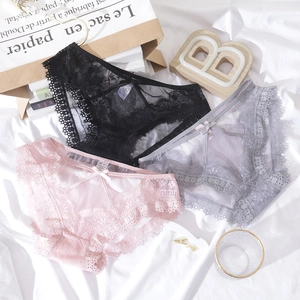 Sexy eyelash lace low waist panties in black, pink and grey with bow detail