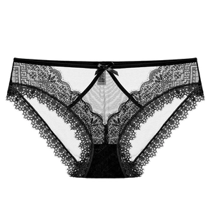 Women Sexy Lace Panties Breathable Cotton Crotch Hollow Out Transparent Lingerie Low Rise Briefs With Bow Decor