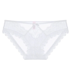 Detail of white lace panties featuring delicate floral patterns and a small silk bow