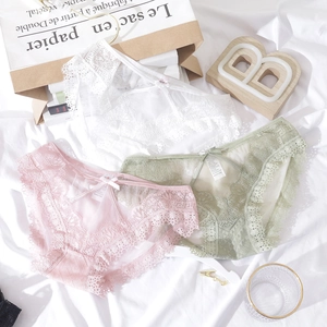 Three-pack of sexy eyelash lace low-waist panties with cotton crotch in soft pastel colors