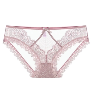 Dusty pink lace panties for women featuring transparent mesh and bow detail