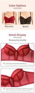 Detail of French vintage lace bra featuring flocked polka dot mesh and wide side wings