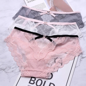 Set of 3 lace mesh panties with heart metal buckles in pink, white, and gray colors