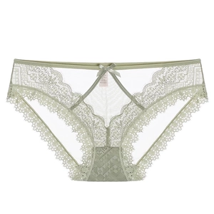 Lace hollow mesh panties with bow in light green color for women stylish brief