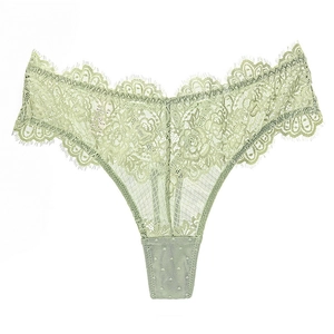 Mint green lace thong for women featuring floral embroidery and eyelash lace edges