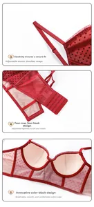 Detail of red lace bra featuring adjustable straps and a four-row hook and eye closure