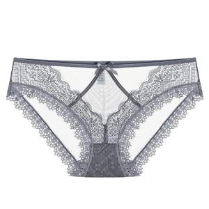 Grey lace panties with hollow mesh and silk bow detail on a plain white background