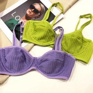 Lace-free waffle texture thin bra in purple and green with steel underwire support