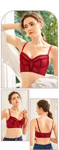 Detailed close-up of dark red French lace bra with polka dot mesh and V-neckline