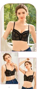 Detail of black lace longline bra with polka dot texture and underwire support