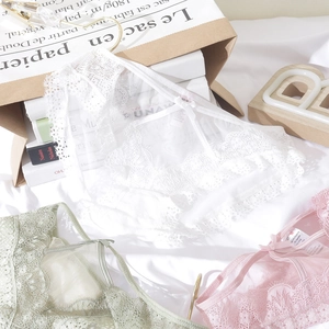 Lace panties detail with floral embroidery and bow tie on white cotton bedding