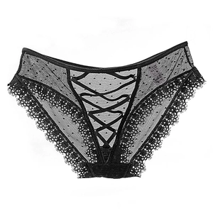 Slip sexy in pizzo nero con mesh a pois trasparente e dettaglio decorativo con lacci