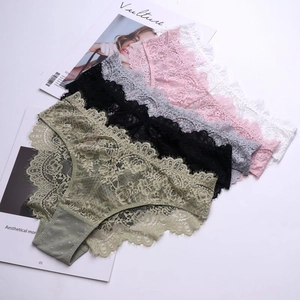 Flat lay of five-piece set floral eyelash lace panties in multi-color assorted pack