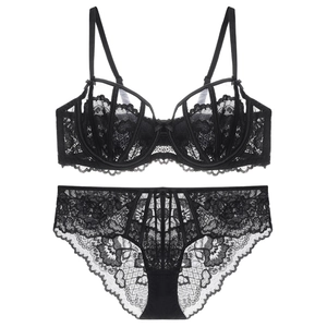French style black lace lingerie set with underwire bra and high waist panties on white background
