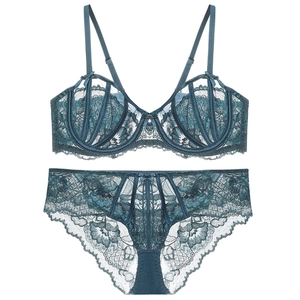 Elegant deep teal French lace lingerie set featuring underwire bra and matching panties