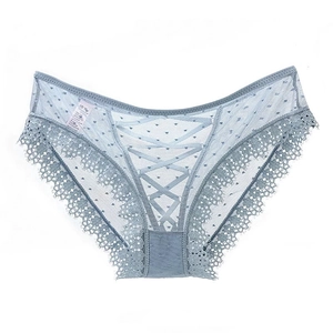 Mutandine in pizzo azzurro con mesh a pois e bordi decorativi in pizzo in vista piatta