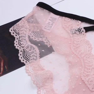 Close-up of pink lace panties with black mesh, velvet dots, and delicate scalloped edges