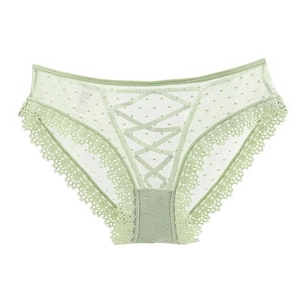 Slip in pizzo verde chiaro con rete a pois e spalline decorative incrociate