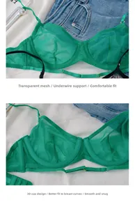 Detail of green mesh bra featuring ultra-thin sheer fabric and adjustable gold buckles