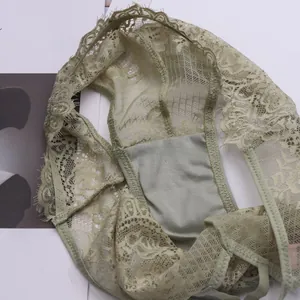 Detail of light green floral lace underwear with breathable cotton lining and sheer fabric