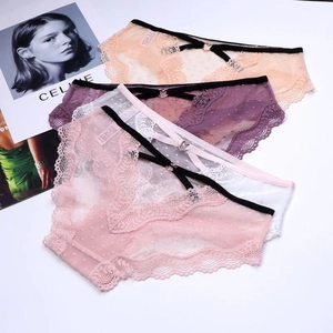 Women Sexy Low Waist Lace Mesh Panties Heart Metal Buckle Hollow Out Polka Dot Breathable Briefs Comfortable Lingerie