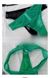 Detail view of lace mesh panties showing cotton crotch and high-cut polyester fabric
