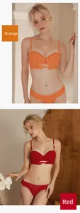 Detailed view of red and orange lace lingerie set with push-up bra and matching panties