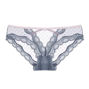 Grey sheer mesh panties with heart metal buckle and lace trim for women in low waist style