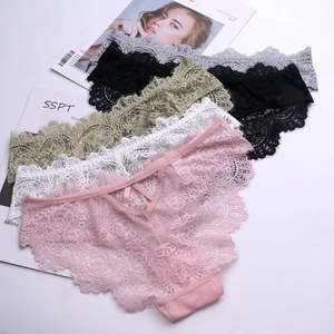 Five pack of French style sheer lace panties with floral embroidery and bow details