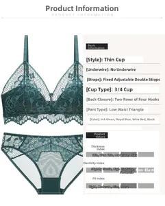 Vue détaillée d'un ensemble de lingerie en dentelle vert foncé avec soutien-gorge sans armature