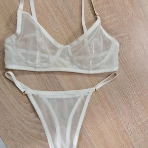 Detailed view of white sheer mesh lingerie set with scalloped trim on flat lay wood background
