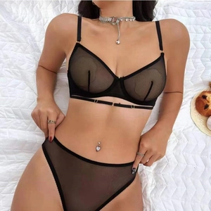 Women's Sexy Mesh Lace Bra And Panty Set Ultra-thin Transparent Embroidery Underwired Lingerie Top And Bottom Set