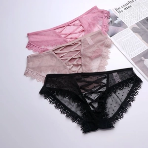 Set di 3 slip in rete trasparente rosa, talpa e nero con pizzo e motivo a pois chic