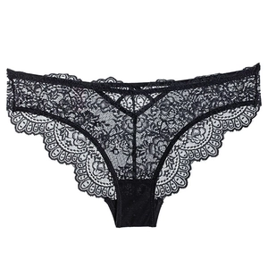 Sexy black lace floral panties for women with V-shaped cross waist and embroidery