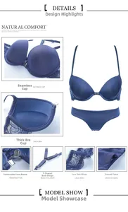 Lace-Dessous-Set mit Vorderverschluss, nahtlosen Cups und Y-Rücken-Design in Dunkelblau