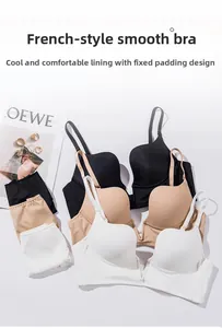 Detail view of seamless French V-neck bra set with fixed cups in black, beige and white