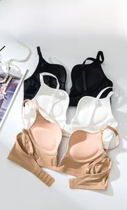Detail of seamless deep V wireless bras with adjustable straps and soft inner padding