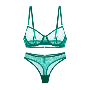 Sexy emerald green sheer mesh lingerie set with underwire bra and matching thong panty