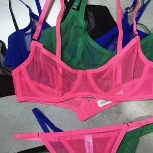 Sheer lace underwire bra and panty set in vibrant pink, green, blue and black mesh