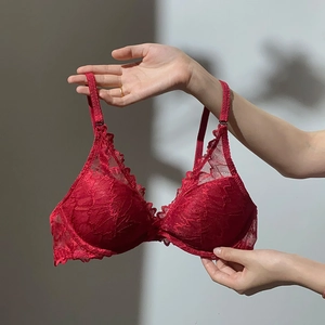 Detail of red floral lace bra showing intricate scalloped edges and delicate embroidery