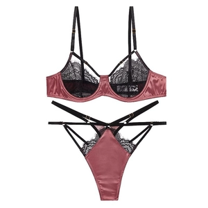 Set lingerie in raso e pizzo con reggiseno con ferretto e perizoma rosa e nero
