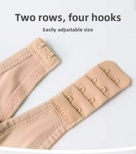 Detailed macro view of beige seamless bra with two-row and four-column hook closures