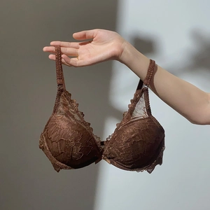 Close-up of deep brown floral lace embroidery and sheer mesh detail on this bra cup