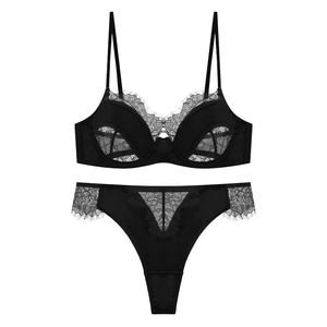 French black eyelash lace lingerie set with sheer unlined bra and matching thong