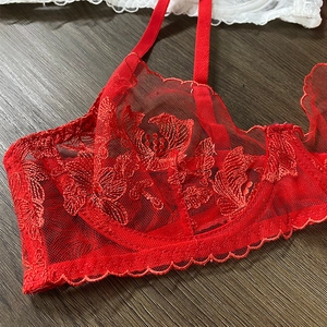 Detailed close-up of red floral lace embroidery on sheer mesh lingerie bra cups